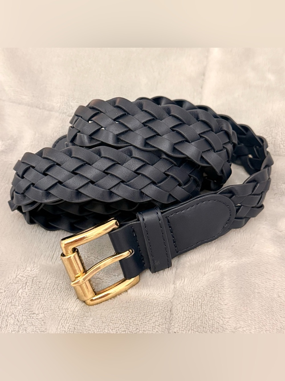Michael Kors Braided Leather Belt in Navy Blue with Gold Buckle Women's